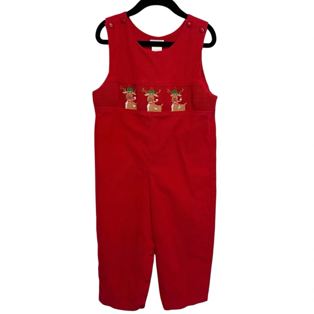 Vive La Fete Red Corduroy Christmas Reindeer Embroidered Holiday Jon Jon Size 4T